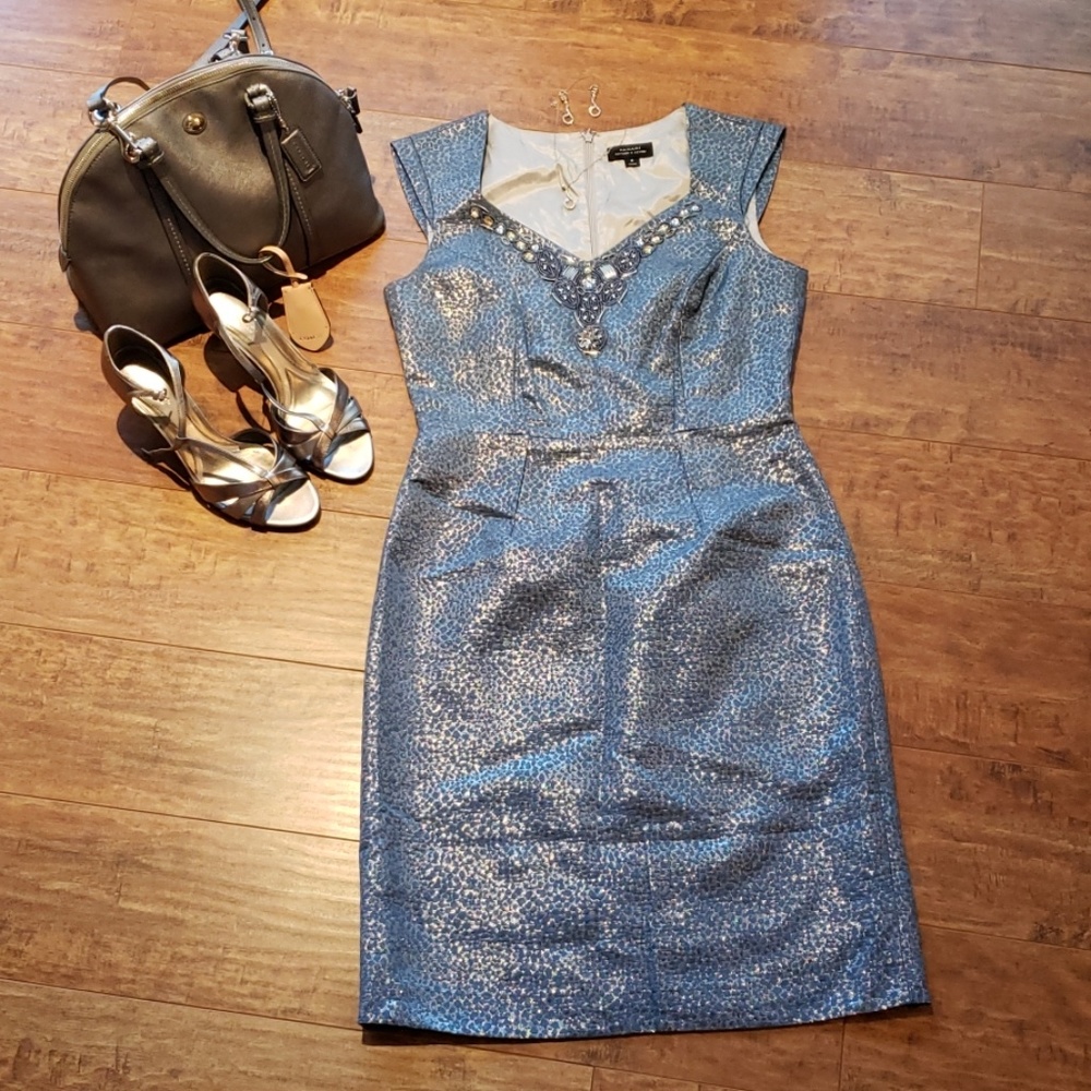 Tahari silver and blue sheath dress